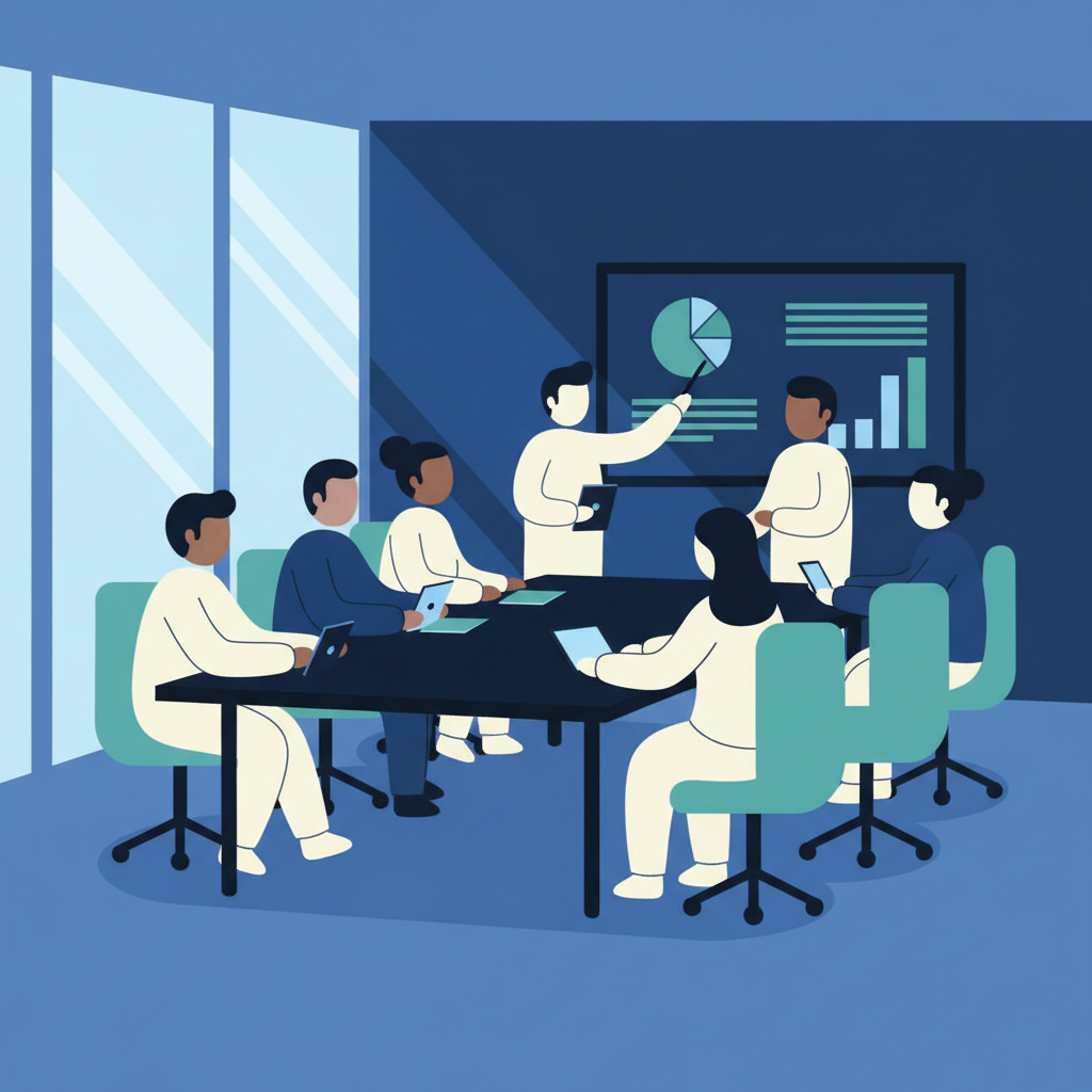 Diverse business team collaborating in a modern conference room, discussing financial strategies.